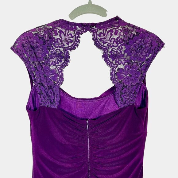 XSCAPE by Joanna Chen Lace Satin Draped Dress Plum Purple Formal Ruched Size 8 - Picture 15 of 16